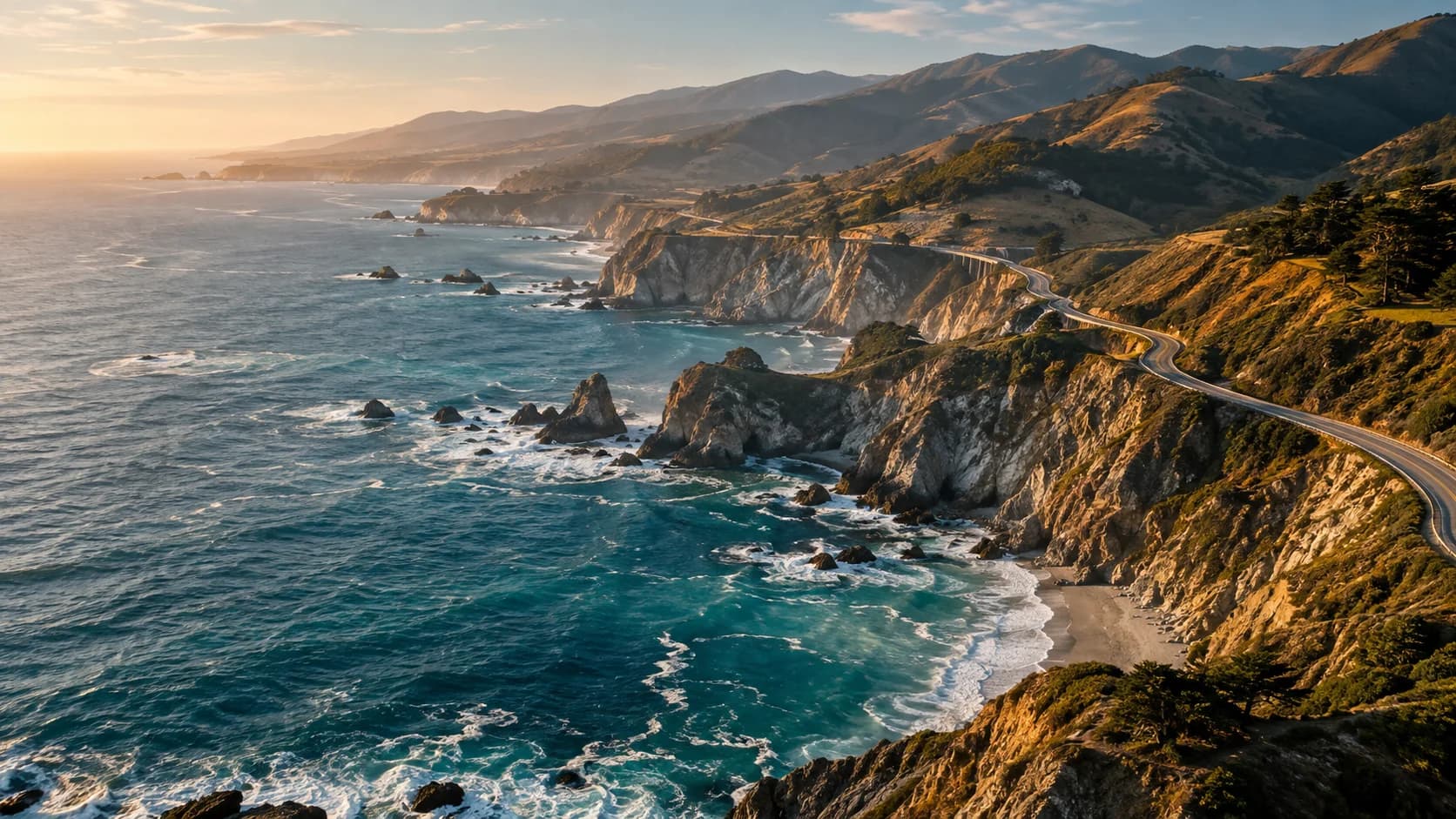 Illustrative aerial view of a Pacific coastline for the fictional brand film